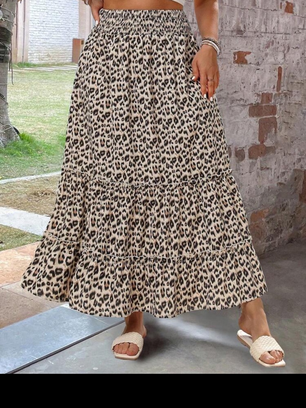Leopard Print Tiered Maxi Skirt - Beige/Black